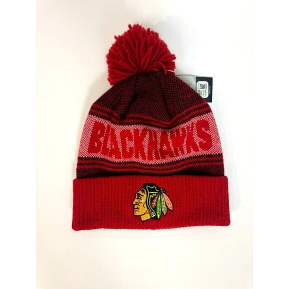 Adidas Chicago Blackhawks Beanie Winter Hat Cap Pom Red Knit NHL Hockey NWT - Picture 1 of 8